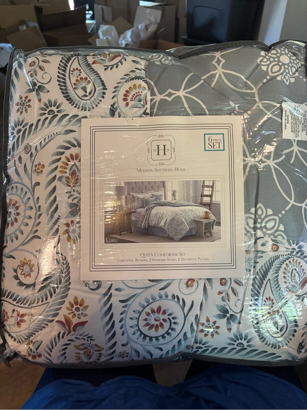 Queen Comforter Set in Teal and White Paisley